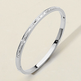 SECRET BOX_Baguette Stone Embellished Stainless Steel Hinged Bangle Bracelet
