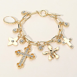 Stone Paved Cross Metal Flower Stone Bezel Mother of Pearl Teardrop Plate Charm Station Bracelet