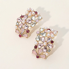 Flower Pearl Stone Embellished Curved Bar Earrings