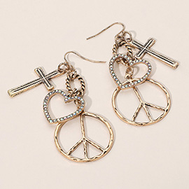 Stone Paved Open Heart Metal Cross Peace Dangle Earrings