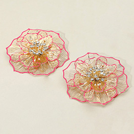 Oversized Pearl Rhinestone Bud Pointed Enamel Rim Metal Cut Out Flower Earrings