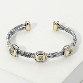 CZ Stone Paved Two Tone Square Pointed Two Row Twisted Metal Cuff Bracelet