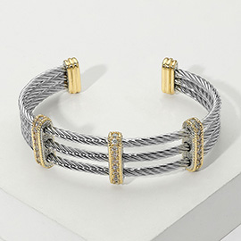 CZ Stone Paved Bar Pointed Two Tone Metal Split Cuff Bracelet