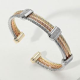 CZ Stone Paved Bar Pointed Three Tone Twisted Cuff Bracelet