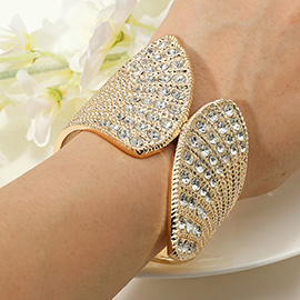 Stone Paved Textured Metal Wide Shell Tip Shaped Hinged Bangle Bracelet