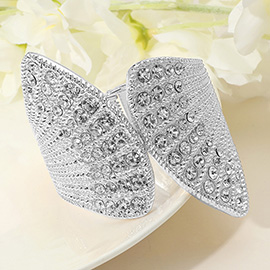 Stone Paved Textured Metal Wide Shell Tip Shaped Hinged Bangle Bracelet