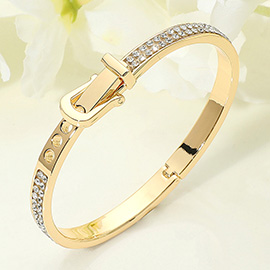 Stone Paved Belt Buckle Pointed Hinged Bangle Bracelet