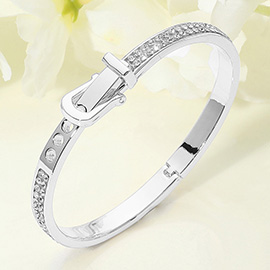 Stone Paved Belt Buckle Pointed Hinged Bangle Bracelet