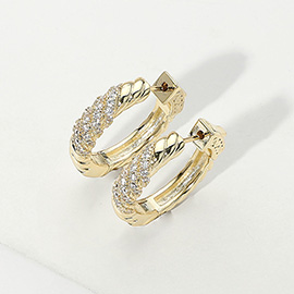 14K Gold Plated CZ Stone Paved Twisted Huggie Hoop Earrings