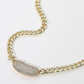 14K Gold Plated CZ Stone Paved Bean Bar Pendant Pointed Necklace