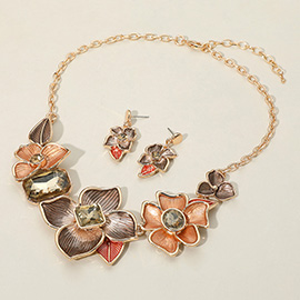 Stone Pointed Colored Metal Flower Link Statement Necklace