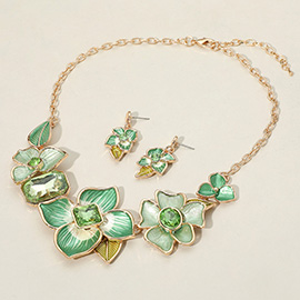 Stone Pointed Colored Metal Flower Link Statement Necklace