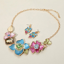 Stone Pointed Colored Metal Flower Link Statement Necklace