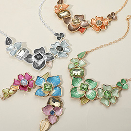 Stone Pointed Colored Metal Flower Link Statement Necklace