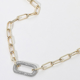 14K Gold Plated CZ Stone Paved Oval Pendant Link Paperclip Chain Necklace
