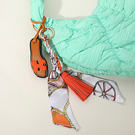 Faux Leather Slipper Keychain / Bag Charm with Tassel Abstract Pattern Printed Mini Scarf