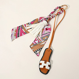 Faux Leather Slipper Keychain / Bag Charm with Tassel Abstract Pattern Printed Mini Scarf