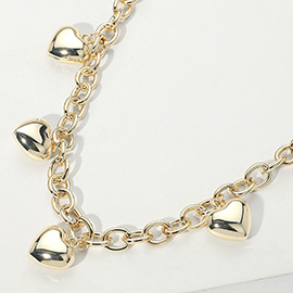 14K Gold Plated Puffy Heart Charm Station Chain Necklace