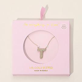 -T- 14K Gold Dipped CZ Stone Paved Initial Monogram Pendant Necklace