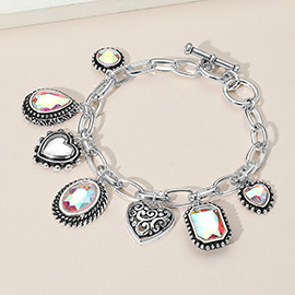 Teardrop Oval Round Stone Metal Heart Charm Station Toggle Bracelet