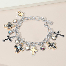 Antique Metal Cross Stone Cluster Charm Station Bracelet