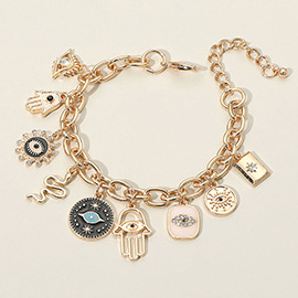 Stone Pointed Enamel Hamsa Hand Evil Eye Charm Embellished Station Bracelet