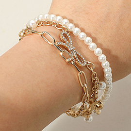 Stone Paved Bow Pointed Pearl Beaded Metal Paperclip Chain Layered Bracelet
