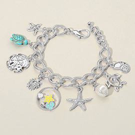 Starfish Sea Turtle Sea Shell Pearl Charm Station Bracelet