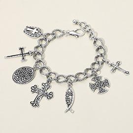 Antique Metal Stone Paved Cross Charm Station Bracelet