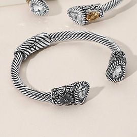 Heart Stone Tip Antique Metal Hinged Cuff Bracelet