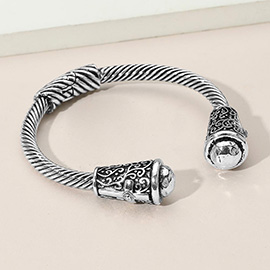 Metal Ball Cross Embossed Tip Antique Metal Hinged Cuff Bracelet