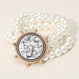 Metal Cross Embossed Medal Triple Layered Pearl Beaded Stretch Bracelet