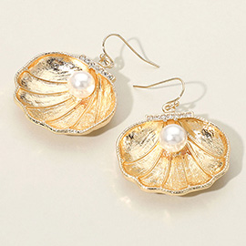 Pearl Pointed Textured Metal Shell Dangle Earrings