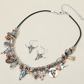 Antique Metal Western Steer Head Cactus Charm Beaded Necklace