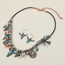 Antique Metal Western Steer Head Cactus Charm Beaded Necklace