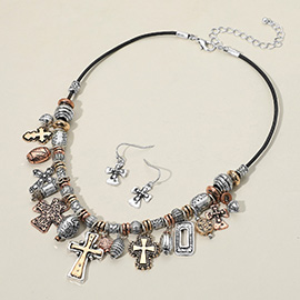 Antique Metal Cross Charm Beaded Necklace