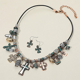 Antique Metal Cross Charm Beaded Necklace