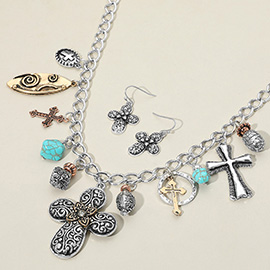 Antique Metal Cross Turquoise Stone Charm Station Statement Necklace