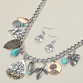 Antique Metal Tree Leaf Heart Turquoise Stone Charm Station Statement Necklace