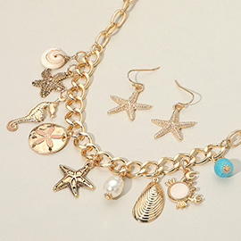 Starfish Sand Dollar Sea Horse Pearl Crab Charm Station Statement Necklace