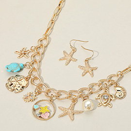 Starfish Sea Turtle Sea Shell Pearl Charm Station Statement Necklace