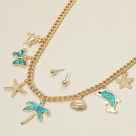 Palm Tree Dolphin Butterfly Starfish Sea Shell Sea Turtle Charm Station Necklace