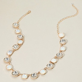 Round Square Stone Bezel Cluster Link Necklace