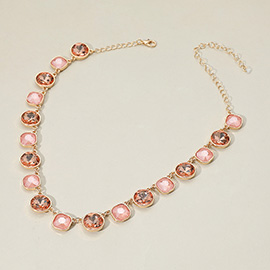 Round Square Stone Bezel Cluster Link Necklace