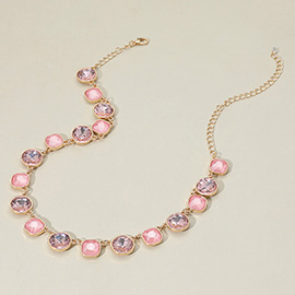 Round Square Stone Bezel Cluster Link Necklace