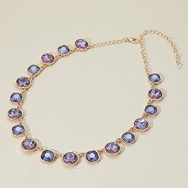 Round Square Stone Bezel Cluster Link Necklace