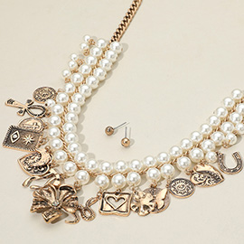 Boho Flower Cross Snake Heart Butterfly Horseshoe Charm Station Pearl Embellished Chain Statement Necklace