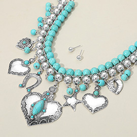 Western Boho Turquoise Stone Embellished Heart Star Horseshoe Charm Station Statement Necklace