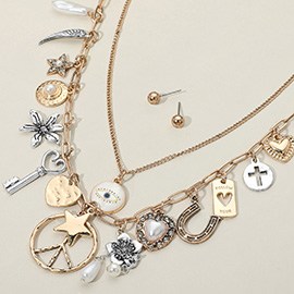 2PCS - Evil Eye Stone Paved Mother of Pearl Disc Pendant Boho Peach Pearl Star Heart Key Charm Station Paperclip Chain Necklaces