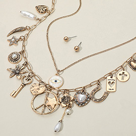 2PCS - Evil Eye Stone Paved Mother of Pearl Disc Pendant Boho Peach Pearl Star Heart Key Charm Station Paperclip Chain Necklaces